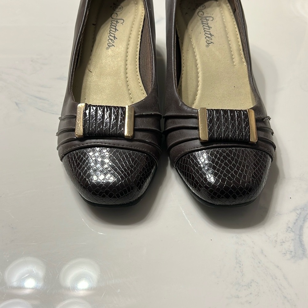 Brown Textured Flats with Pleated Straps